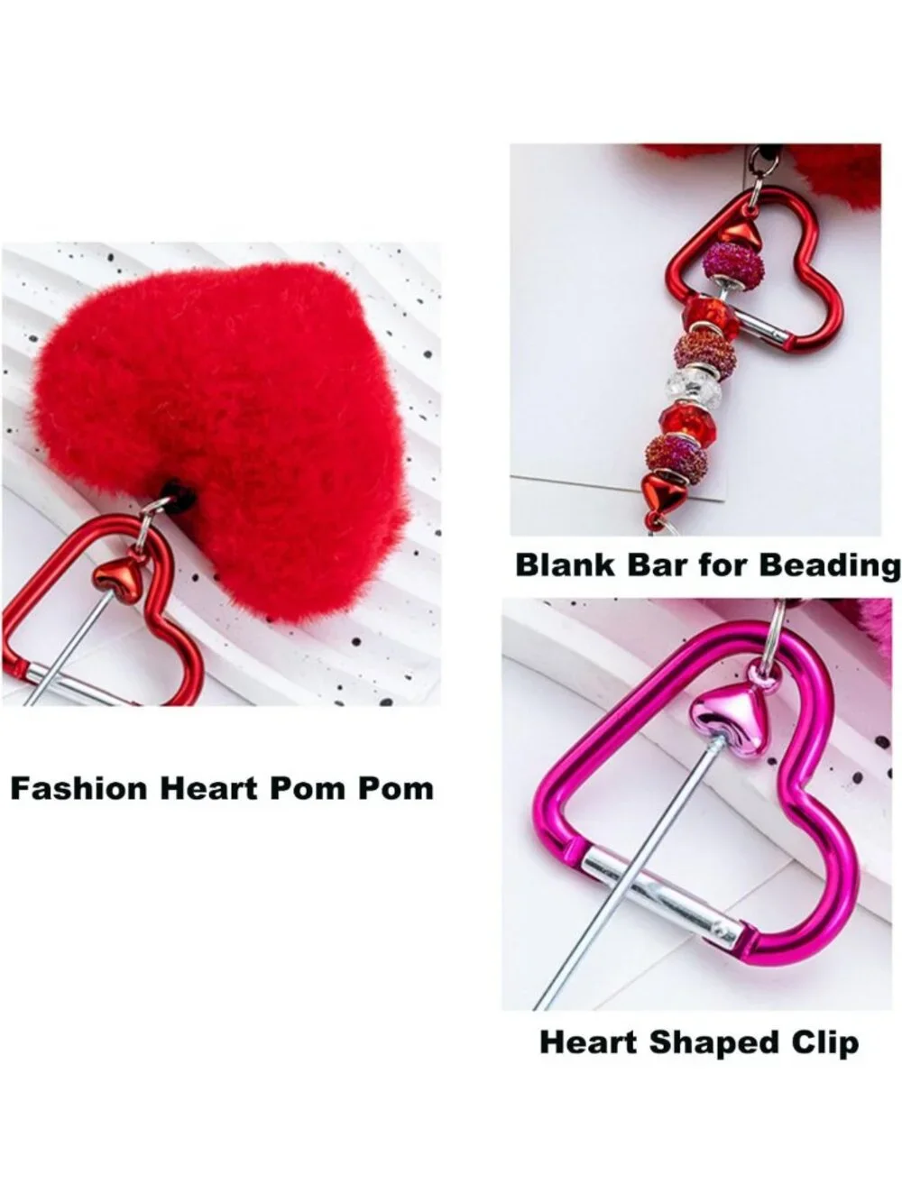 Fluffy Faux Fur Heart Pom Pom Keychain Kit - DIY Beadable Craft with Snap Hook